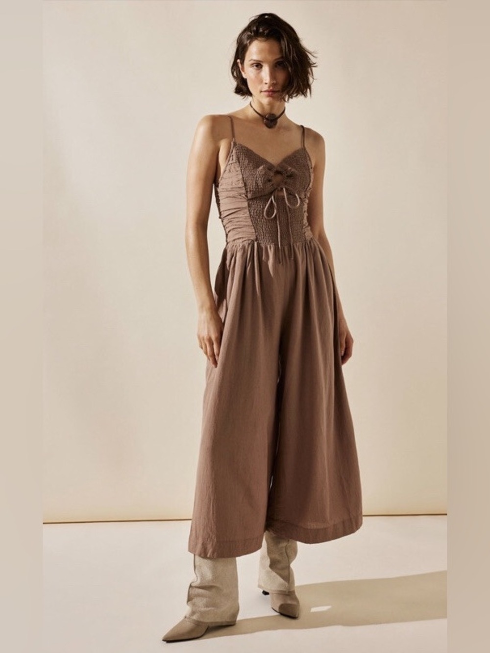 Free People Endless Summer Day Glow One Piece Smocked cutouts Jumpsuit Taupe M